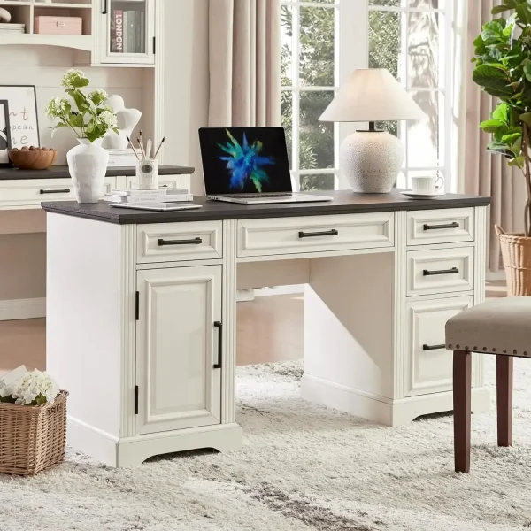 58" Farmhouse Computer Desk with Drawers and Cabinet