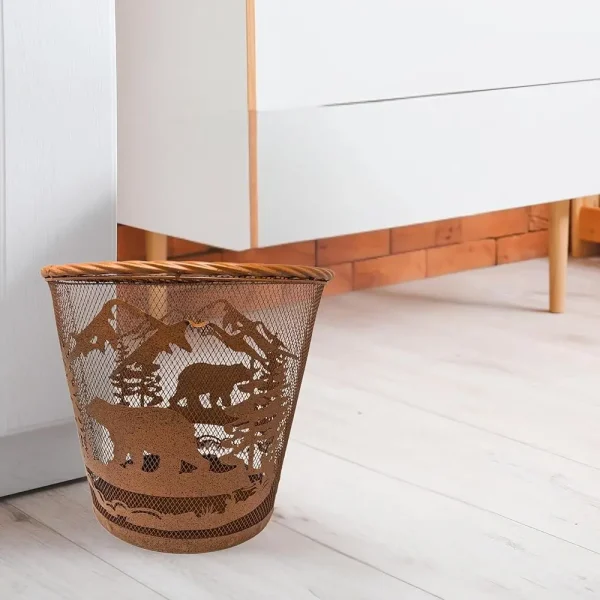 Rustic Mountain Forest Bear Metal Wastebasket