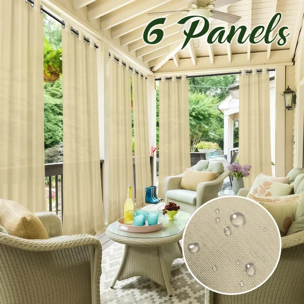 6 PCS Outdoor Waterproof Semi-sheer Natural Linen Garden Decor Grommet Top Curtains