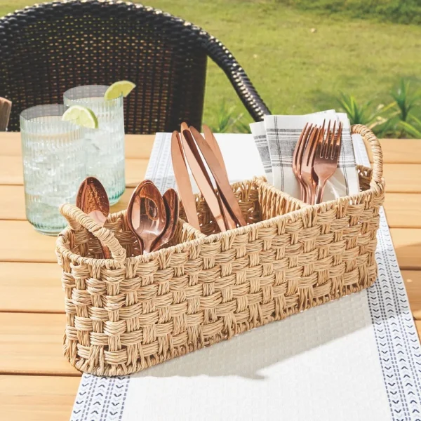 Beige Oval Metal Frame Rattan Utensil Caddy