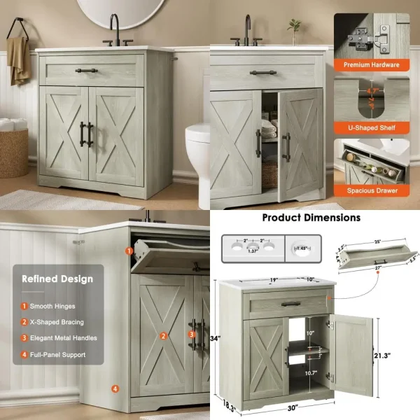 30" farmhouse style freestanding bathroom vanity with ceramic sink