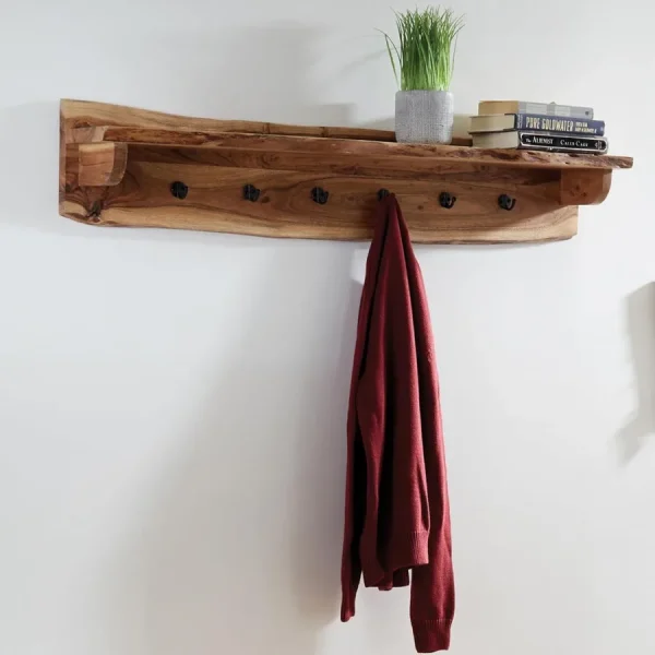 48 Inch Solid Wood Coat Rack with 6 Metal Hooks and Shelf