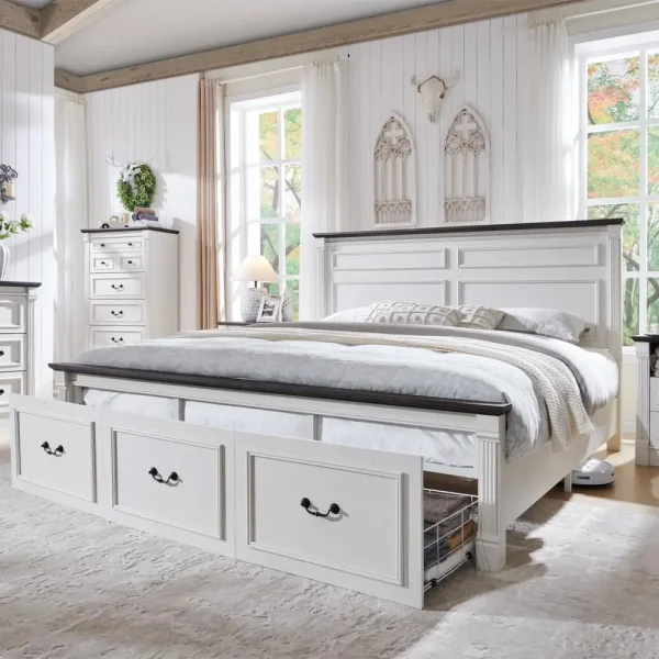 Farmhouse King Size Bed Frame with 51" Tall Headboard