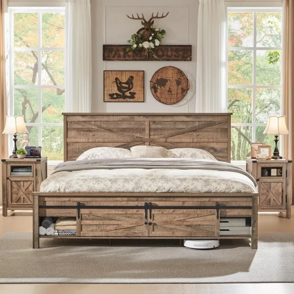 King Farmhouse Wood Bed Frame with Sliding Barn Door Storage Cabinets