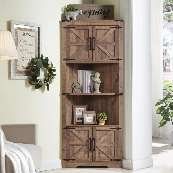 Farmhouse 67 Inch Tall Corner Storage Cabinet with Barn Door & Adjustable Shelves