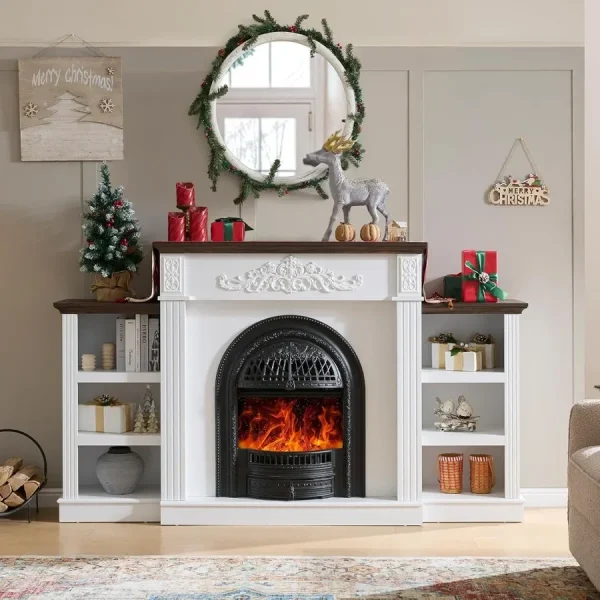 78" Electric Fireplace with Mantel and Builtin Storage for TV Entertainment Center