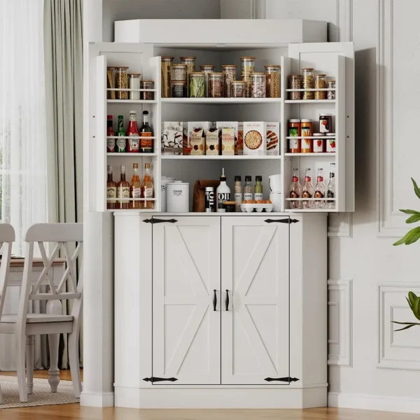 Farmhouse Freestanding Corner Pantry Cabinet with 4 Doors