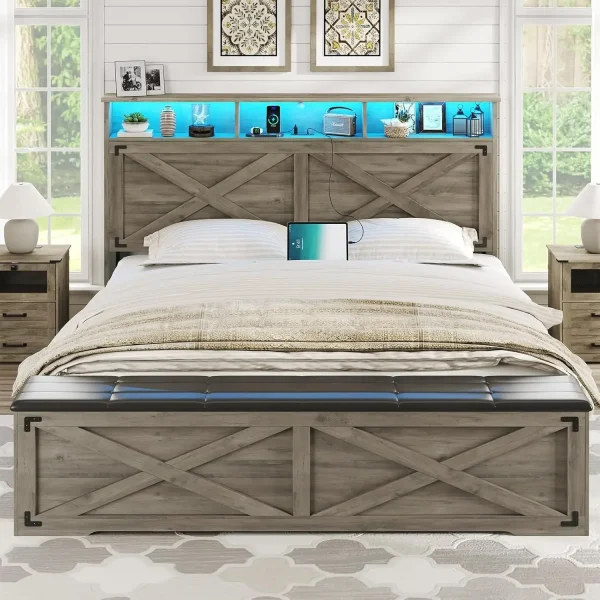 Rustic Bed Frame Queen Size with Storage Headboard