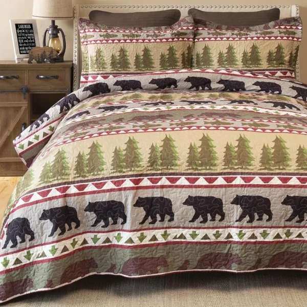 Rustic Bear Striped Quilt Set for King-Size Beds