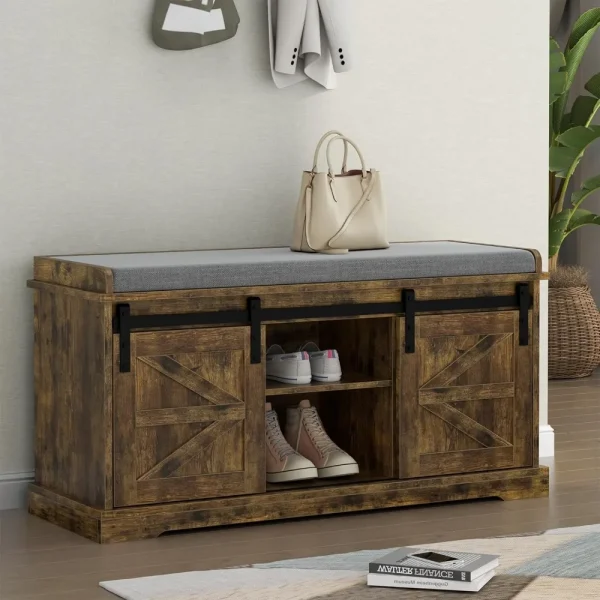 Farmhouse Shoe Bench with Sliding Barn Door