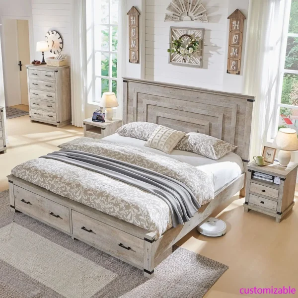 Farmhouse King Size Bed Frame with 54" Tall Headboard