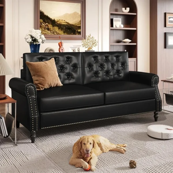 73" Black Faux Leather Small Couch for Apartment, Living Room,