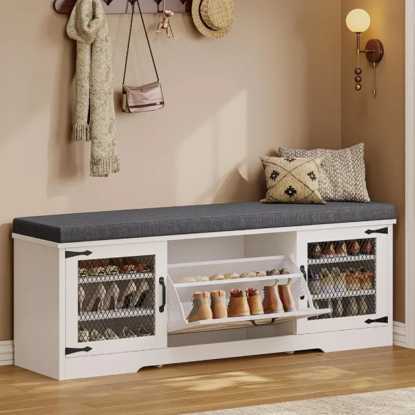 Farmhouse Storage Bench with Padded Seat Cushion