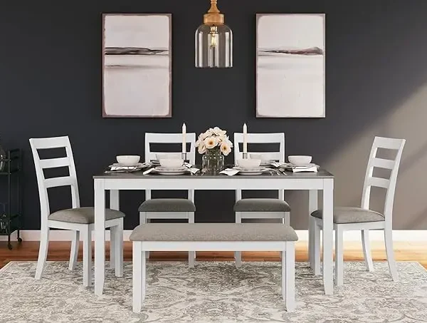 Farmhouse Dining Table with Upholstered Chairs and Bench