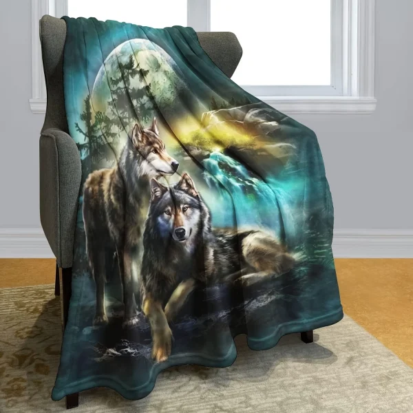 Lodge Style Wolf King in Moonlight Flannel Throw Blanket