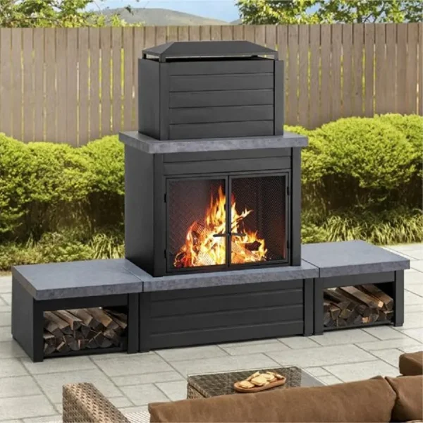 Outdoor Steel Wood-Burning Fireplace with Wood Storage