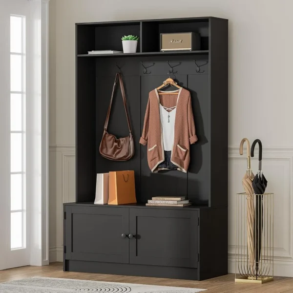 65 Inch Black Hall Tree with Storage