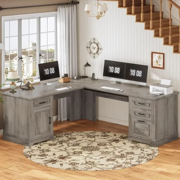 69" Farmhouse L Shaped Desk with Drawers and Storage