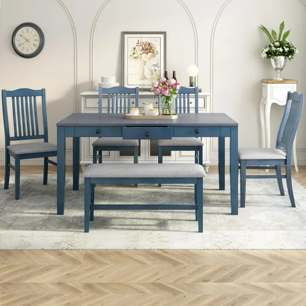 Farmhouse Dining Table Set for 6 with Chairs Blue