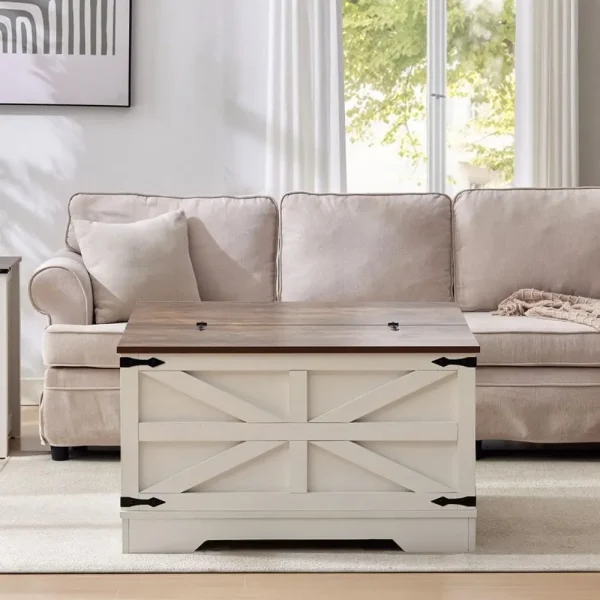 Rustic White Farmhouse Coffee Table with Hinged Lift Top