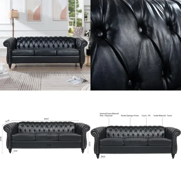 Three Seater Faux Leather Sofa with Rolled Arms