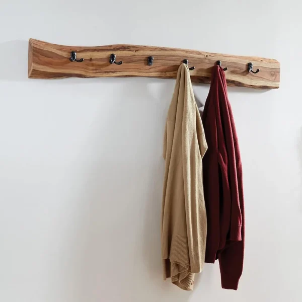48-Inch Natural Live Edge Wooden Coat Rack with 6 Black Hooks